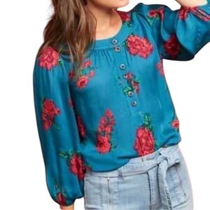 Anthropologie MaeveTeal and Red Floral Scoop Neck 3/4 Sleeve Blouse S